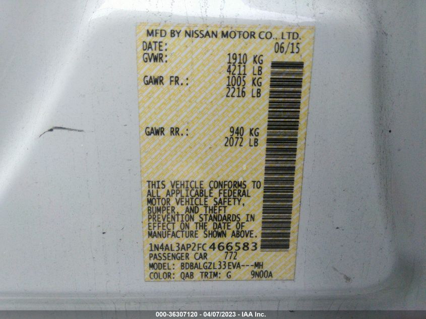2015 NISSAN ALTIMA 2.5 S - 1N4AL3AP2FC466583