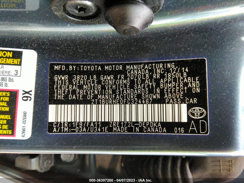 2015 TOYOTA COROLLA L/LE/S/S PLUS/LE PLUS - 2T1BURHE0FC324467