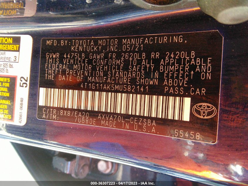 2021 TOYOTA CAMRY SE - 4T1G11AK5MU582141