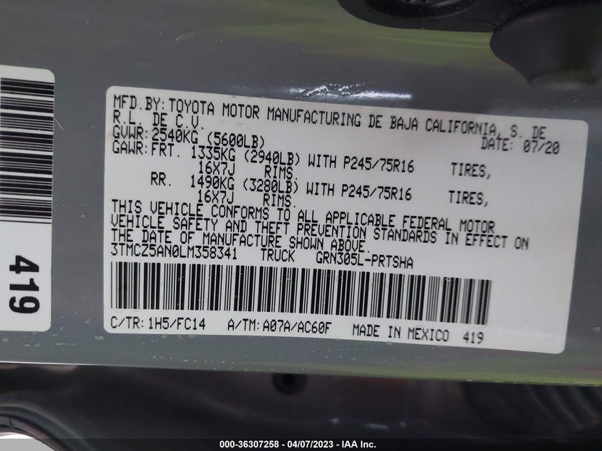 VIN 3TMCZ5AN0LM358341 2020 TOYOTA TACOMA 4WD SR5