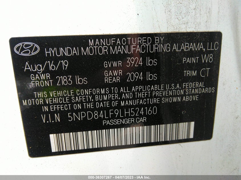 VIN 5NPD84LF9LH524160 2020 HYUNDAI ELANTRA SEL