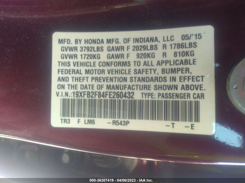 2015 HONDA CIVIC SEDAN EX - 19XFB2F84FE260432