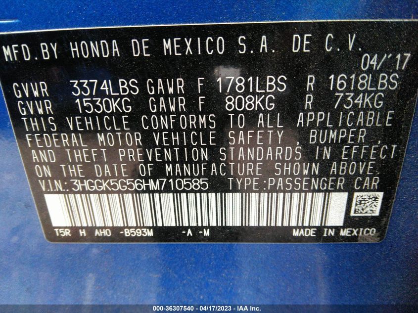 2017 HONDA FIT LX - 3HGGK5G56HM710585