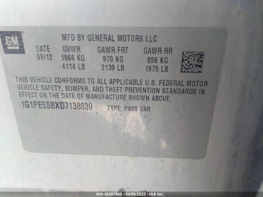 2013 CHEVROLET CRUZE 2LT - 1G1PE5SBXD7138839