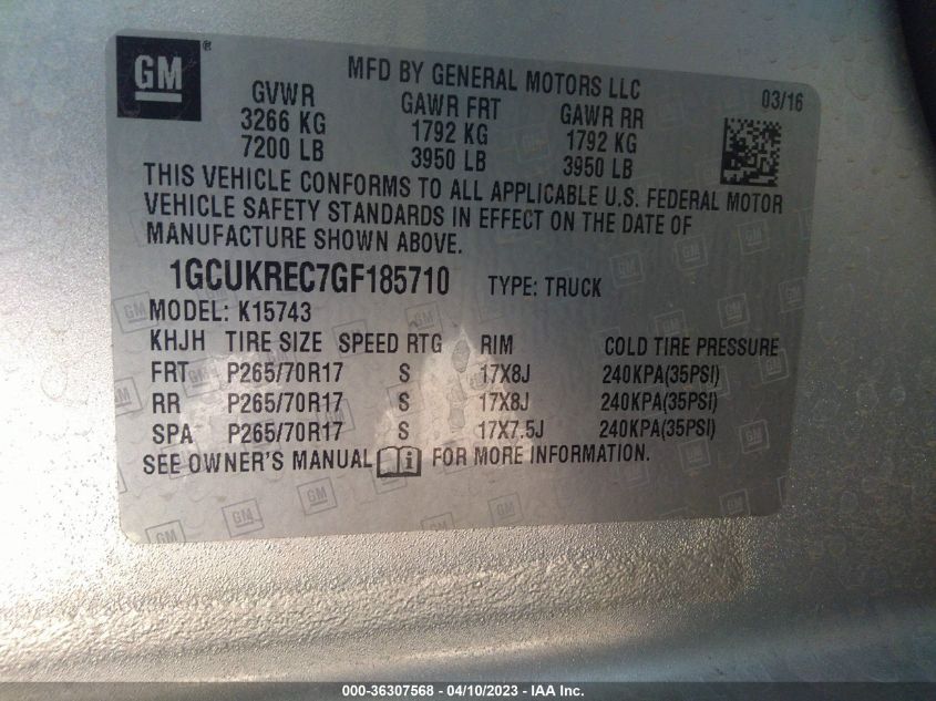 2016 CHEVROLET SILVERADO 1500 LT - 1GCUKREC7GF185710