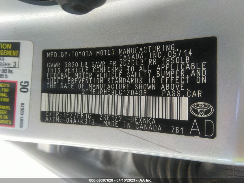2014 TOYOTA COROLLA L/LE/S/S PLUS/LE PLUS - 2T1BURHE9EC170498