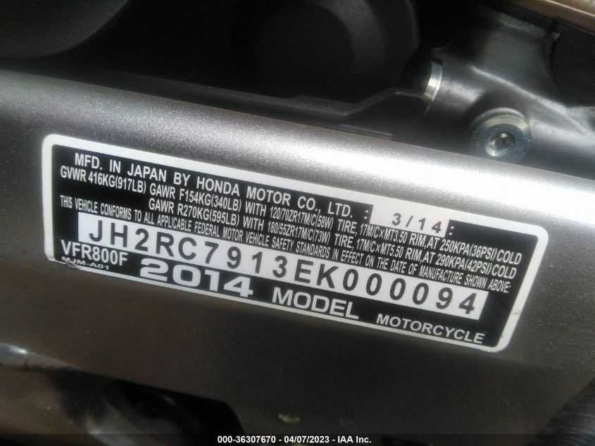 2014 HONDA VFR800 F JH2RC7913EK000094