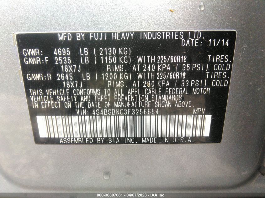 2015 SUBARU OUTBACK 2.5I LIMITED - 4S4BSBNC3F3256654