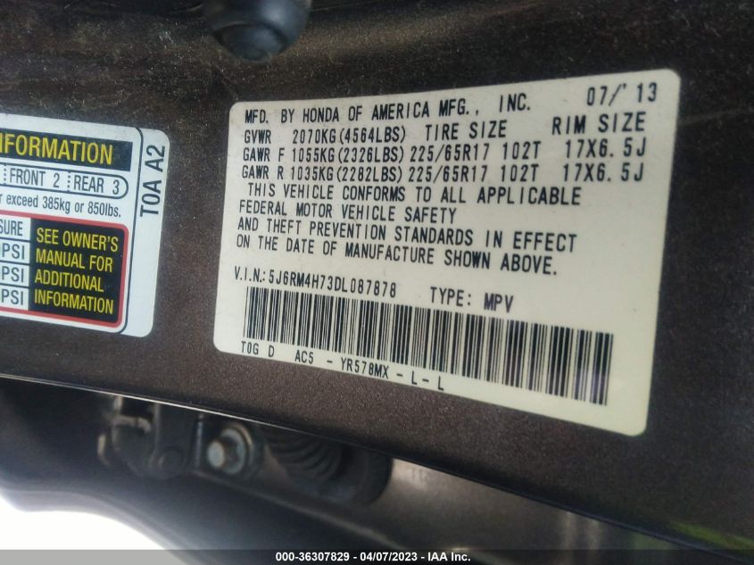 2013 HONDA CR-V EX-L - 5J6RM4H73DL087878
