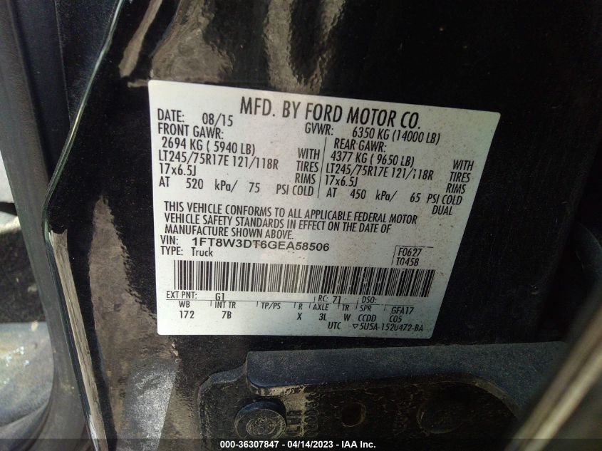 2016 FORD SUPER DUTY F-350 DRW LARIAT 1FT8W3DT6GEA58506