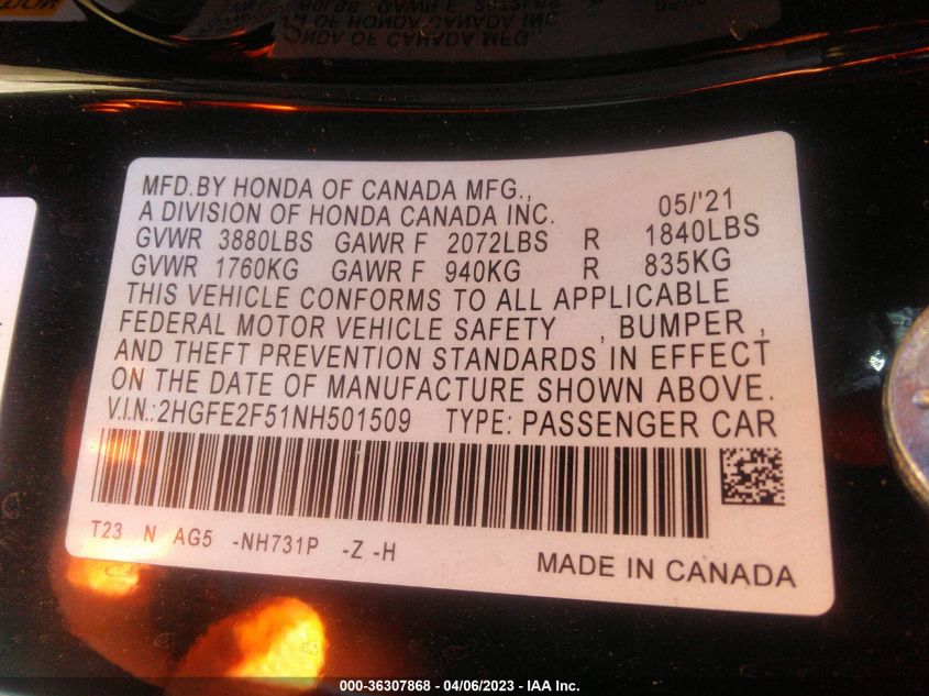 2022 HONDA CIVIC SEDAN SPORT - 2HGFE2F51NH501509