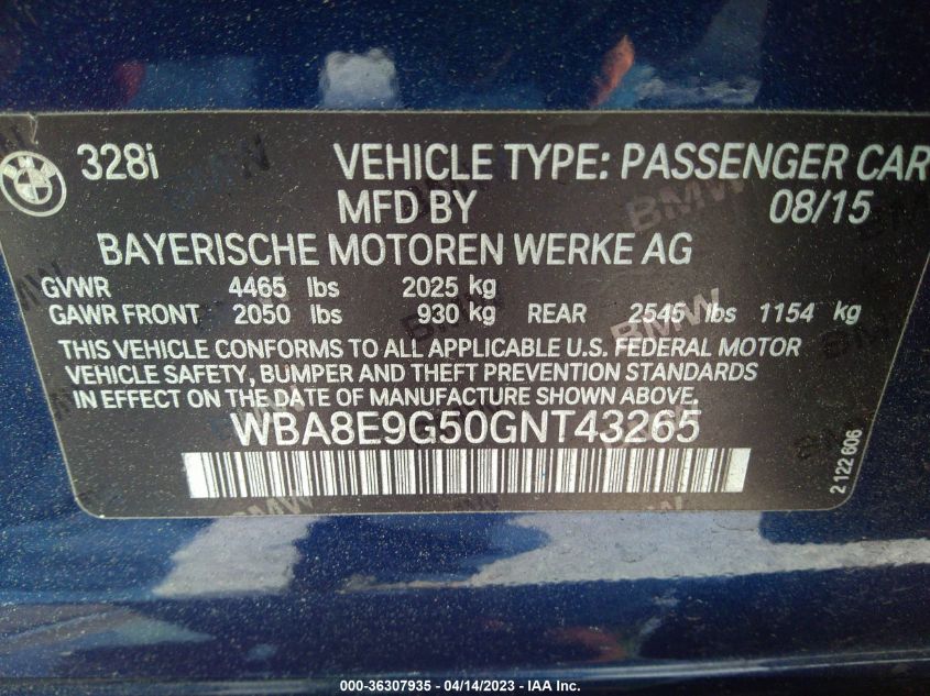 2016 BMW 3 SERIES 328I - WBA8E9G50GNT43265