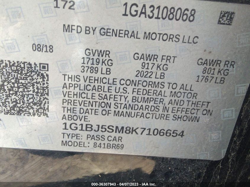 2019 CHEVROLET CRUZE - 1G1BJ5SM8K7106654