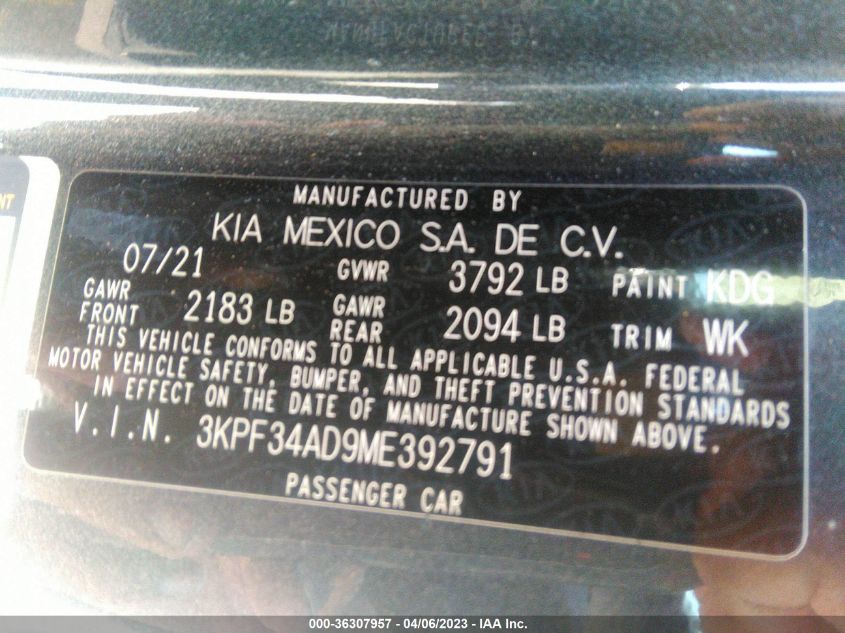 2021 KIA FORTE GT-LINE - 3KPF34AD9ME392791