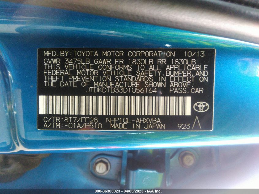 2013 TOYOTA PRIUS C ONE/TWO/THREE/FOUR - JTDKDTB33D1056164