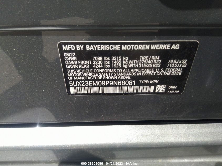 2023 BMW X7 XDRIVE40I - 5UX23EM09P9N68081