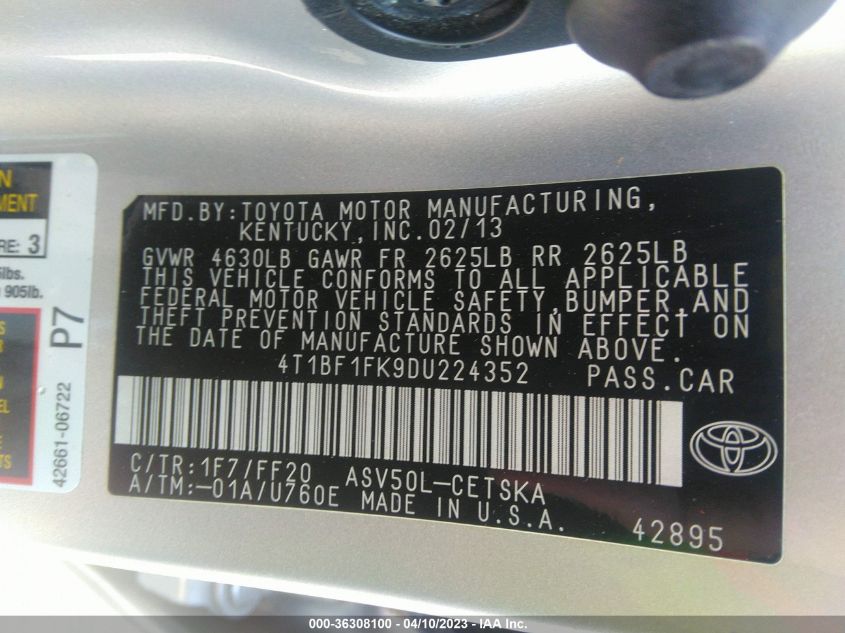2013 TOYOTA CAMRY L/LE/SE/XLE - 4T1BF1FK9DU224352
