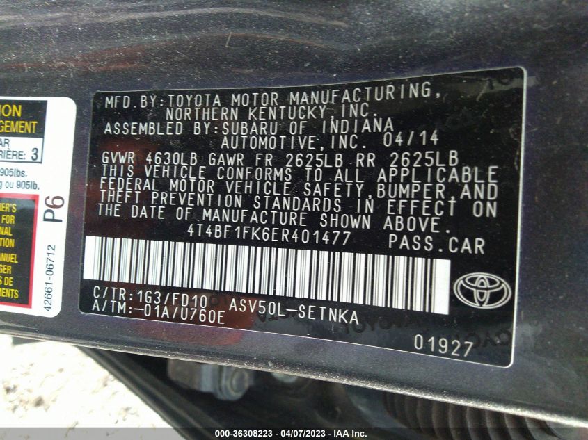 2014 TOYOTA CAMRY L/LE/XLE/SE/SE SPORT - 4T4BF1FK6ER401477