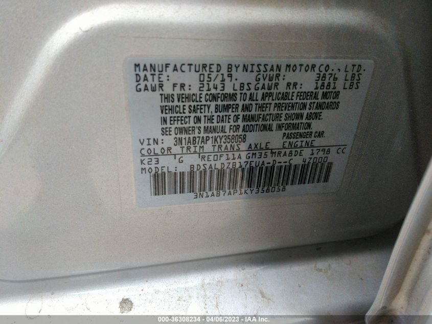 2019 NISSAN SENTRA S/SV/SR/SL - 3N1AB7AP1KY338058