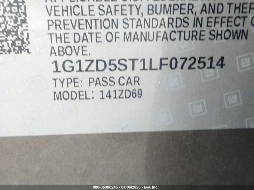 2020 CHEVROLET MALIBU LT - 1G1ZD5ST1LF072514