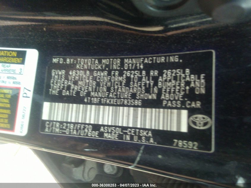 2014 TOYOTA CAMRY L/LE/XLE/SE/SE SPORT - 4T1BF1FKXEU783586