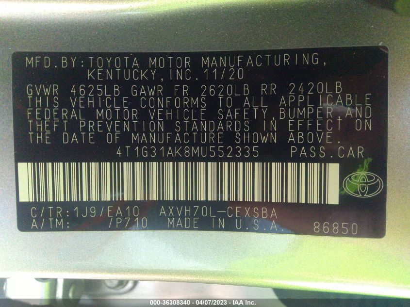 2021 TOYOTA CAMRY HYBRID SE - 4T1G31AK8MU552335