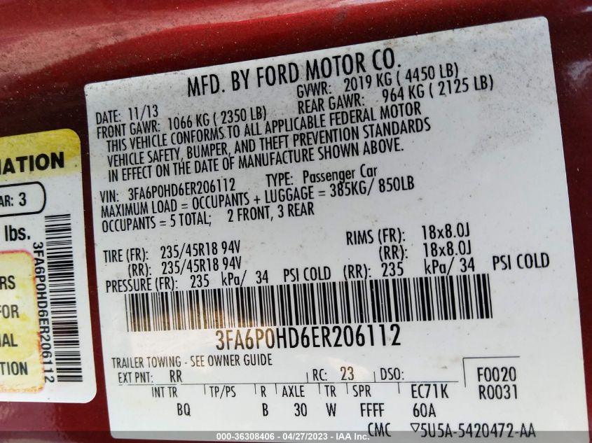 2014 FORD FUSION SE - 3FA6P0HD6ER206112