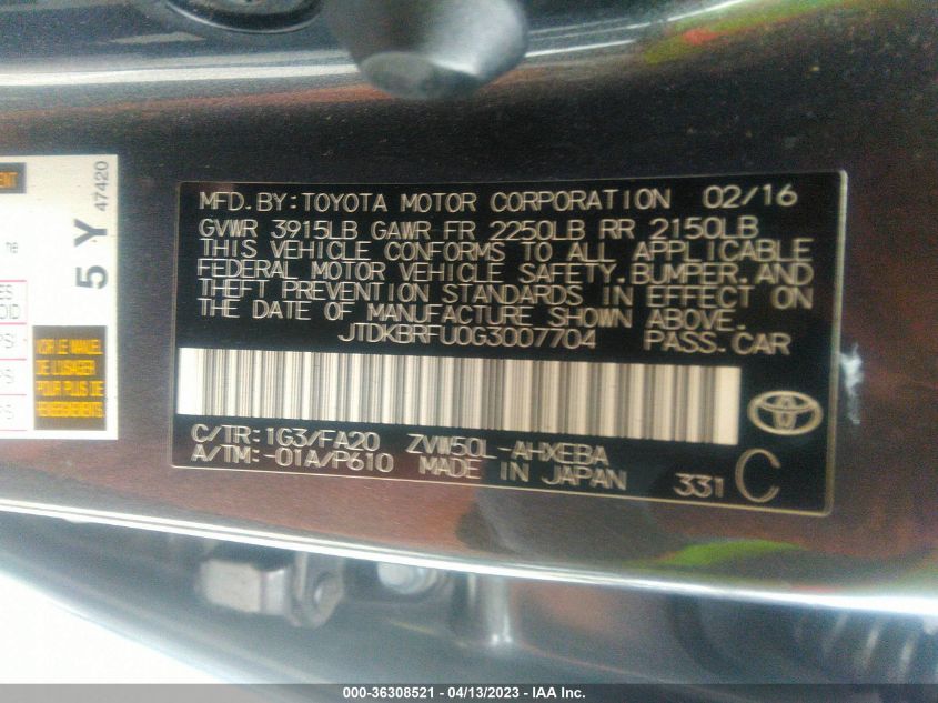 2016 TOYOTA PRIUS TWO - JTDKBRFU0G3007704