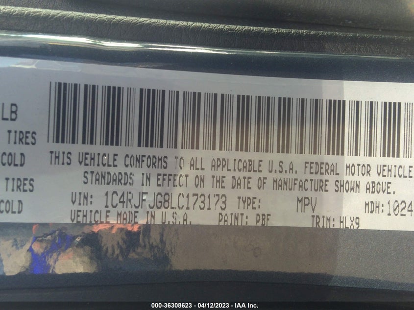 VIN 1C4RJFJG8LC173173 2020 JEEP GRAND CHEROKEE SUMMIT