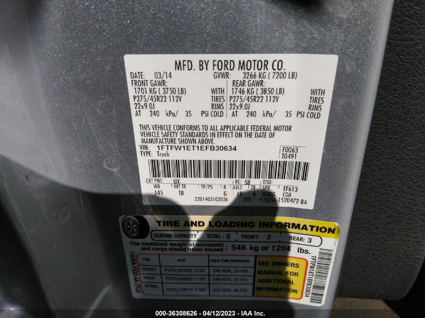 2014 FORD F-150 XL/XLT/FX4/LARIAT - 1FTFW1ET1EFB30634