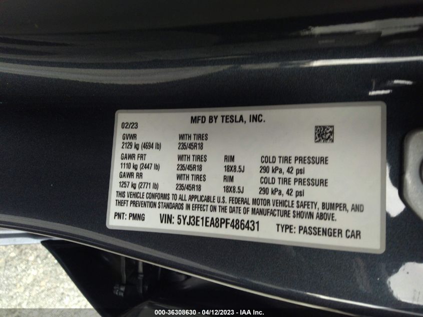 2023 TESLA MODEL 3 - 5YJ3E1EA8PF486431