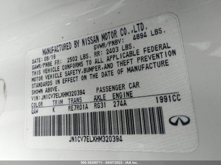 2017 INFINITI Q60 2.0T PREMIUM JN1CV7ELXHM320394
