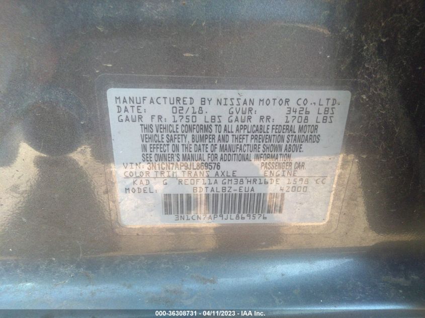 2018 NISSAN VERSA SEDAN SV - 3N1CN7AP9JL869576
