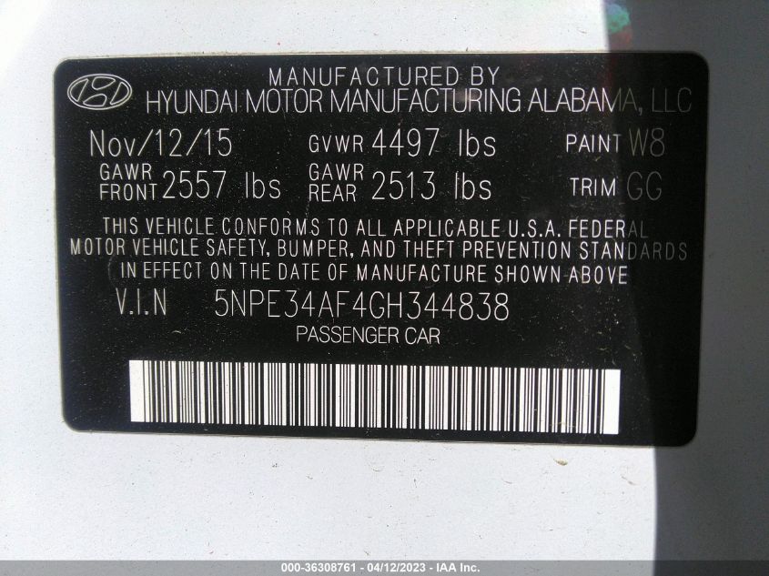 2016 HYUNDAI SONATA 2.4L SPORT - 5NPE34AF4GH344838
