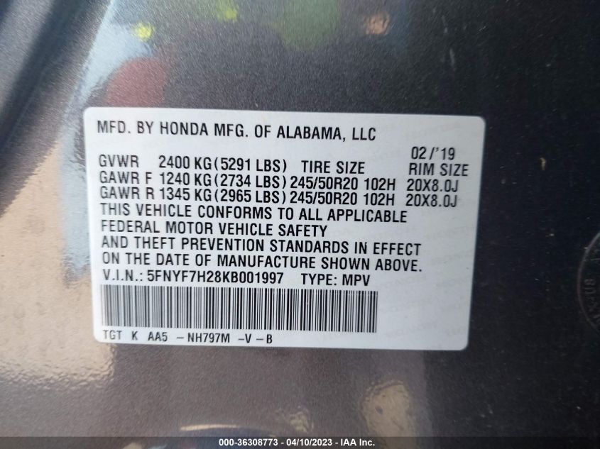 2019 HONDA PASSPORT SPORT - 5FNYF7H28KB001997