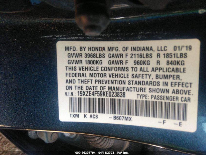 2019 HONDA INSIGHT EX 19XZE4F59KE023838