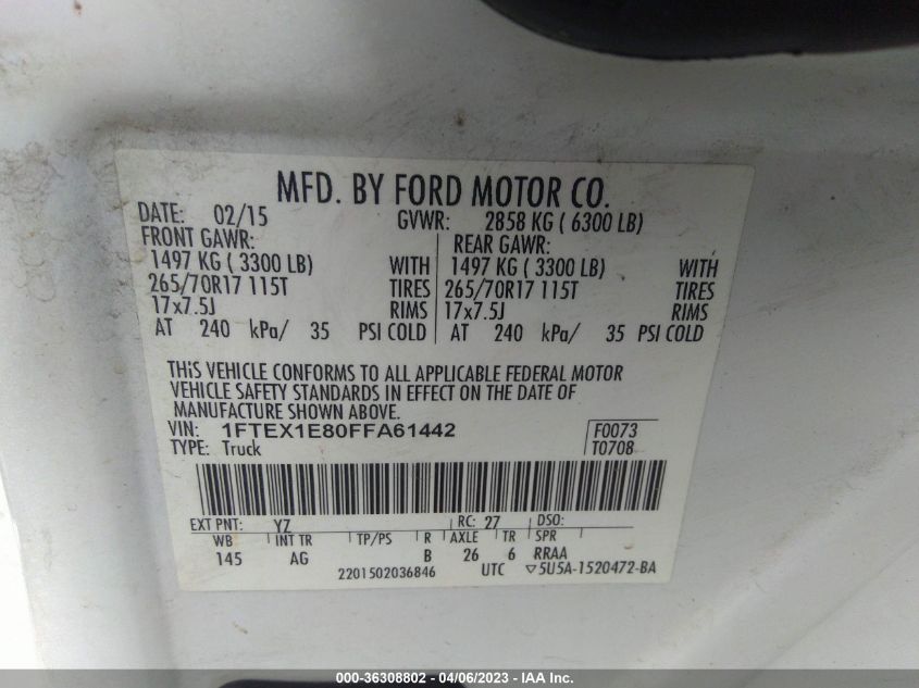 2015 FORD F-150 XLT/XL - 1FTEX1E80FFA61442