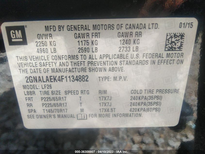 2015 CHEVROLET EQUINOX LS - 2GNALAEK4F1134882