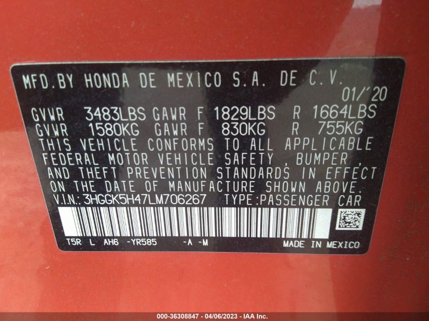 2020 HONDA FIT LX - 3HGGK5H47LM706267