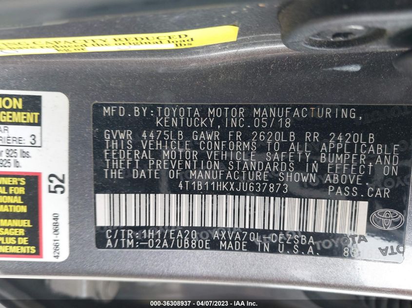 2018 TOYOTA CAMRY LE/SE/XLE/L - 4T1B11HKXJU637873