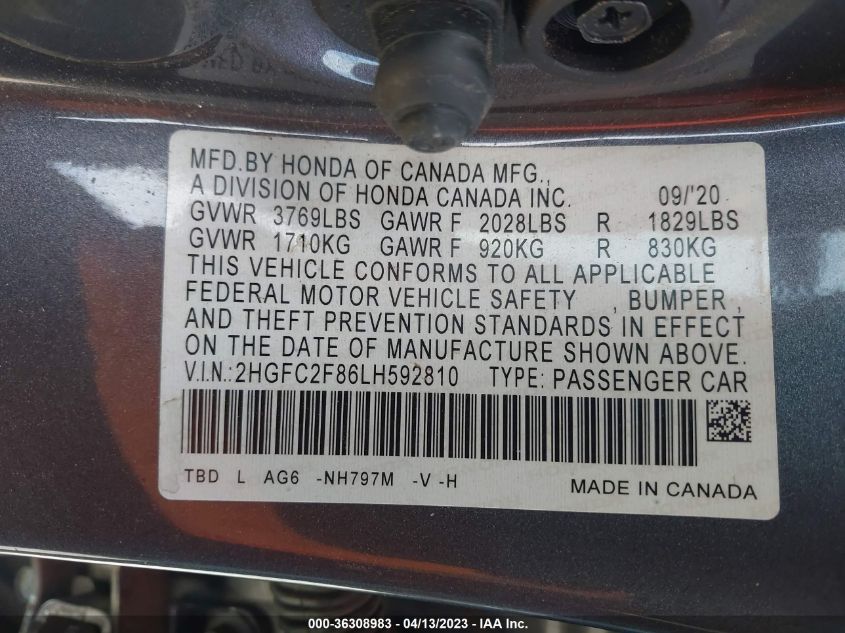 2020 HONDA CIVIC SEDAN SPORT - 2HGFC2F86LH592810
