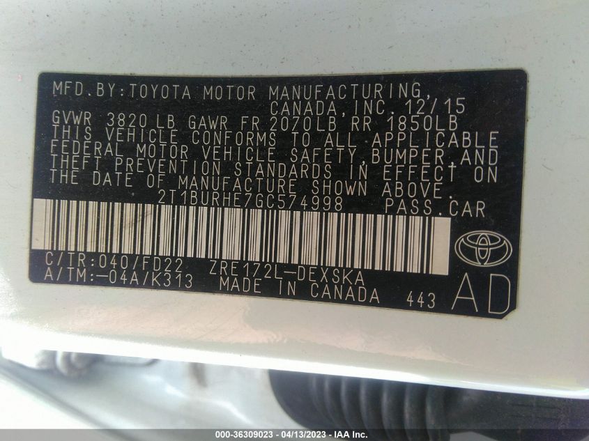 2016 TOYOTA COROLLA L/LE/S/S PLUS/LE PLUS - 2T1BURHE7GC574998