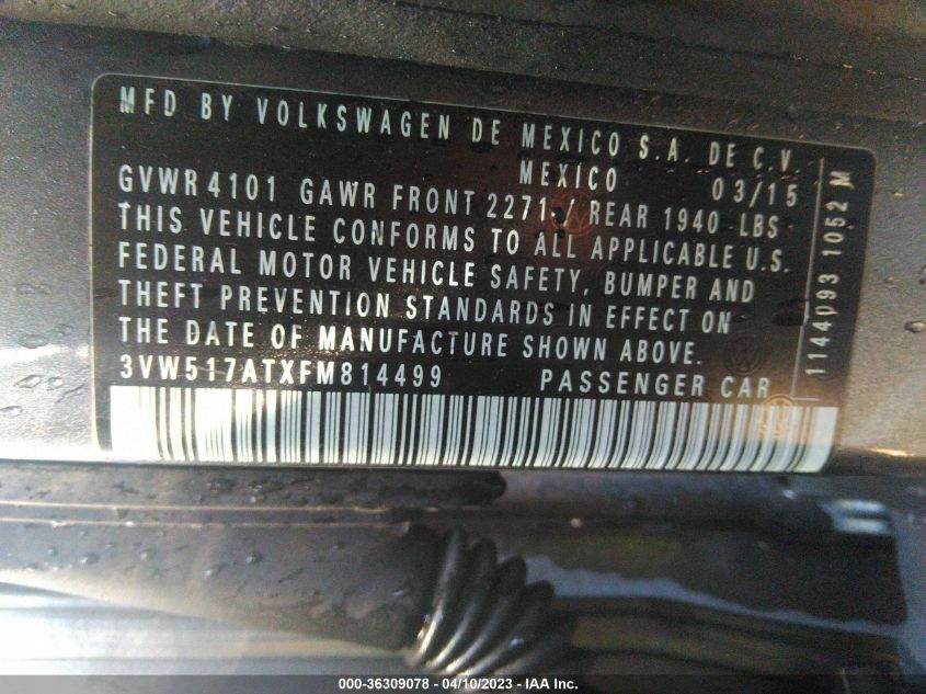 2015 VOLKSWAGEN BEETLE CONVERTIBLE 1.8T 3VW517ATXFM814499