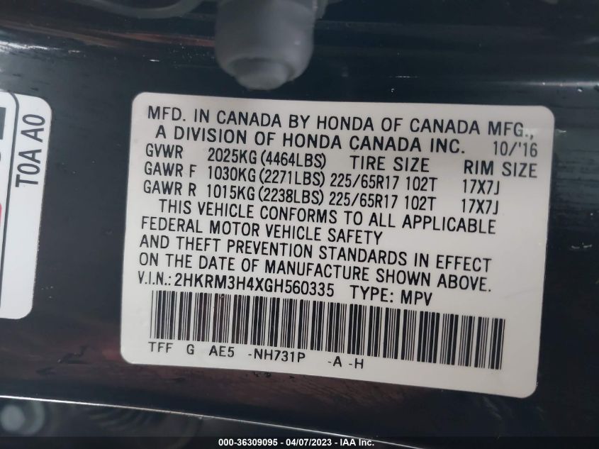 2016 HONDA CR-V SE - 2HKRM3H4XGH560335