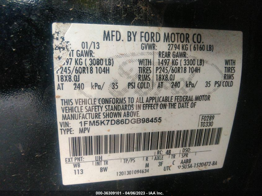 2013 FORD EXPLORER XLT - 1FM5K7D86DGB98455