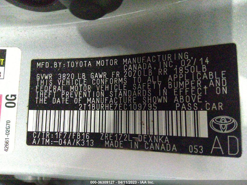 2014 TOYOTA COROLLA L/LE/S/S PLUS/LE PLUS - 2T1BURHE7EC109795