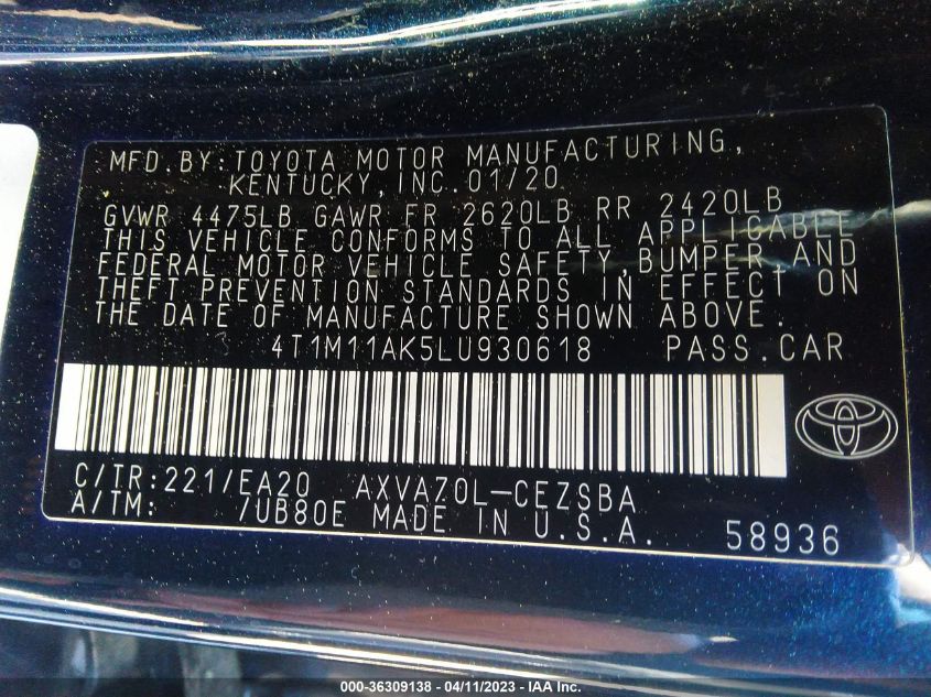 2020 TOYOTA CAMRY SE - 4T1M11AK5LU930618