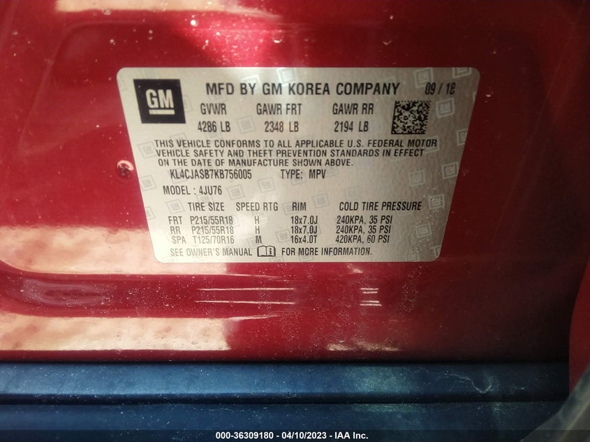 VIN KL4CJASB7KB756005 2019 BUICK ENCORE PREFERRED