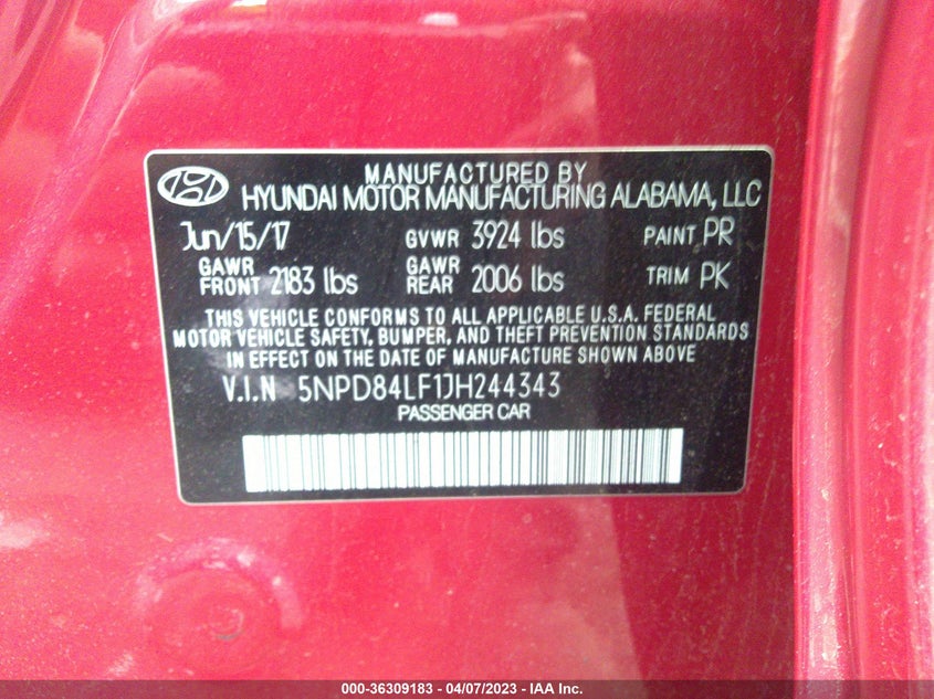 VIN 5NPD84LF1JH244343 2018 HYUNDAI ELANTRA SEL