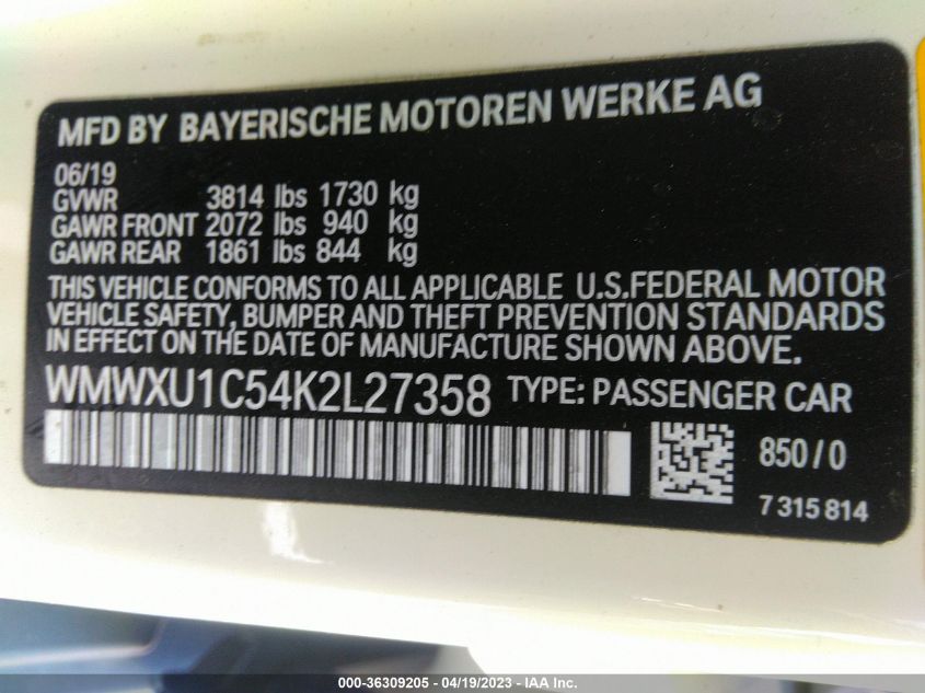 2019 MINI HARDTOP 4 DOOR COOPER WMWXU1C54K2L27358